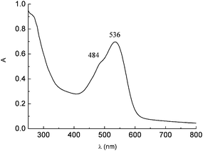 
          UV-Vis spectrum of raw red turnip extracts in 0.1 M HCl solution showing the betaxanthin (9) (484 nm) and betanin (8) (536 nm) visible absorption.