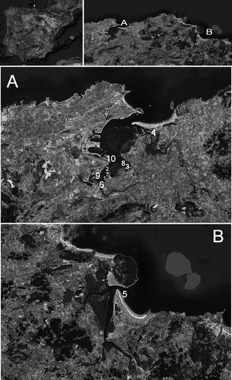 Map of the studied areas showing the locations of the 10 monitored stations in Cantabria, North of Spain. Location A, Santander Bay; location B, Santoña Bay. (See Table 1 for station description).