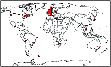 PAH distribution map of the global background soils (key: largest bar = 7,840 ng g−1).