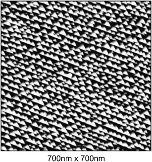 STM-image for nano-faceted Ir(210) in 0.1 M HClO4 at 0.4 V.
