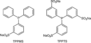 TPPMS (mono-sulfonated triphenylphosphine) and TPPTS (tri-sulfonated triphenylphosphine), two water-soluble analogues of the widely used triphenylphosphine (PPh3) ligand.
