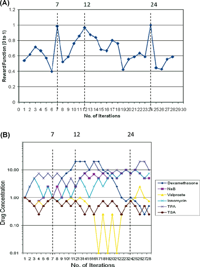 Gur Game algorithm based feedback control search. (A) Reward function value against the number of iterations. The dotted lines represented iterations that generated the maximum reward function at iteration 7, 12 and 24. (B) Individual drug concentration in each of iterations of the Gur Game algorithm search. The dotted lines represented iterations that generated the maximum reward function at iteration 7, 12 and 24 (corresponds to A)