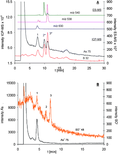 
            Arsenic and sulfur speciation analysis of an AsIII-PC2 mixture using on-line coupling of RP-HPLC with ES-MS and A: Aridus-ICP-qMS (spray chamber: 383 K; desolvator: 383 K and B: ICP-qMS (oxygen reaction cell). In both chromatograms peak 1 represents AsIII(OH)-PC2 for which the expected co-elution of arsenic and sulfur was observed. For free reduced (peak 2) and oxidised PC2 (peak 3) only a sulfur signal was expected and observed with the ICP-qMS (oxygen reaction cell) set up. The application of the desolvation system resulted in the formation of artefacts as the co-elution of sulfur and arsenic for both free reduced (peak 2*) and oxidised PC2 (peak 3*) showed.