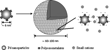 Schematic representation of hollow suprastructures of palladium aggregates. 3 nm radius Pd nanoparticles with a layer of POM HPVIV or HPVV on the surface self-organized into large hollow aggregates with the size of 60–100 nm. Small counter-ion cations might be incorporated into the large hollow structures (from Scheme 1, ref. 57).