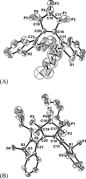 ORTEP drawings of the open-ring isomer of (A) HBTF6 and (B) HBTFO4 with 30% probability ellipsoids. Hydrogen atoms are omitted for clarity.