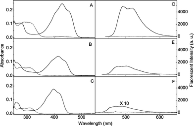 (A, B and C) Electronic ground state absorption and (D, E and F) steady state fluorescence spectra of DAHBTFO4 (A, D), HBTFO4 (B, E) and BTFO4 (C, F) for open-ring () and photostationary state (—) isomers in ethyl acetate (1.0 × 10−5 M) at room temperature.