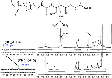 
            1H and 31P NMR of poly(NIPAAm) obtained by RAFT polymerization in the presence of RAFT agent bearing a phosphonate and a carboxylic group. (Bottom spectrum: before cleavage of phosphonate group; top spectrum: after cleavage of di(methyl) phosphonate group into phosphonic acid).