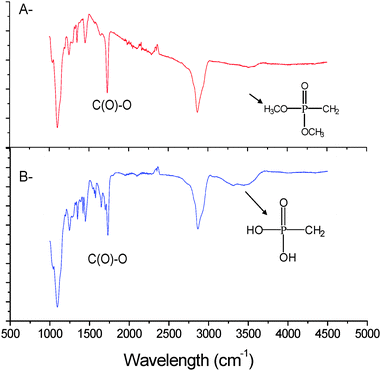 
            FT-IR spectra of poly(OEG-A) (A) obtained by RAFT polymerization in the presence of a RAFT agent bearing a di(methyl)phosphonate group, and (B) after cleavage of di(methyl)phosphonate group into phosphonic acid group.