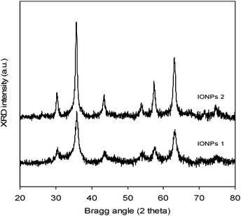 
            X-Ray diffraction spectra of IONPs 1 and 2 prepared by flame spray pyrolysis.