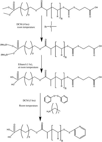 Synthesis of α,ω-hetero functional polymer by modification of di(methyl)phosphonate group into phosphonic acid group and trithiocarbonate into ethylpyridyl disulfide end-group.