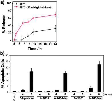 (a) The effect of glutathione concentration on the release of β-lapachone from AuNP-1/lap in HEPES buffer solution (pH 7.4). (b) The percent apoptosis of A549 cells as determined by flow cytometry after incubation with free β-lapachone, AuNP-1, AuNP-1/lap, AuNP-2, or AuNP-2/lap. Means of 5 experiments with duplicated cultures ± S.E. are shown.