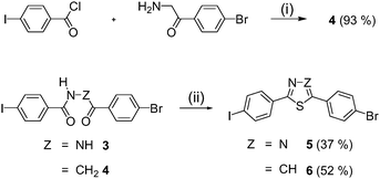 Synthesis of bending units 5 and 6. (i) K2CO3/THF/H2O, (ii) P2S5/pyridine/95 °C.
