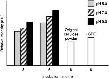 Fluorescence intensity of RCA120-FITC labeled cellulose powders with or without Lac modification. The pH of the water phase of the W/O emulsion in the SEE preparation was set at 5.0, 7.0 or 9.0.