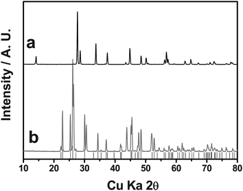 XRD patterns of (a) BiOF and (b) HF-treated BiOF. Grey vertical bars indicate Bragg peak positions of BiF3.41