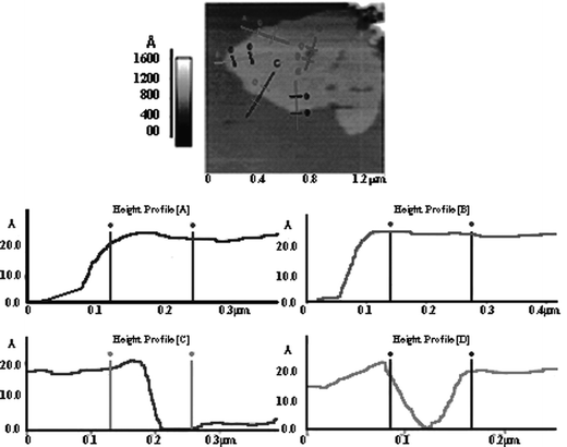 Atomic force microscopy height profile measurements of a bismuth selenide (Bi2Se3) thin film deposited on a freshly cleaved piece of mica. Four scanning paths are shown with the resulting height profiles labeled A through D. Each of the profiles indicates that the height of the film is around 20 Å, which is equivalent to two unit layers of Bi2Se3. Profile D shows a spot where there is a discontinuity in the film coverage.