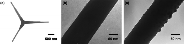 
            TEM images of original ZnO whiskers (a, b) and AgNO3-treated ZnO whiskers (c).