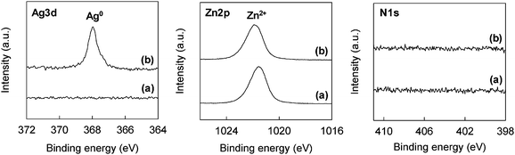 
            XPS spectra of original ZnO whiskers (a) and AgNO3-treated ZnO whiskers (b).