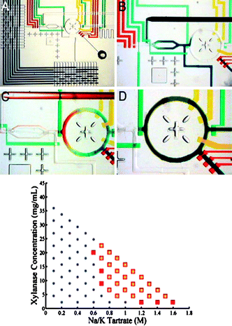 Microfluidic formulator to investigate protein phase diagram. The diameter of the mixing ring is 1.5 mm. This device allows an automated exploration of the protein supersolubility as shown below on a given example, squares indicate the precipitation region (reproduced with permission from ref. 64).