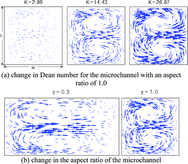 Two dimensional vector fields for various Dean numbers in the curved microchannel and different aspect ratios. (a) Change in Dean number for the microchannel with an aspect ratio of 1.0. (b) Change in the aspect ratio of the microchannel.