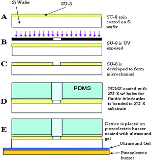 Fabrication process of LCAT devices for pumping and mixing. SU-8 50 is used as main fluidic channel carrier which is capped by a SU-8 2 coated PDMS slab. The SU-8 coated slab is bonded to the surface of the device to form an enclosed microsystem.