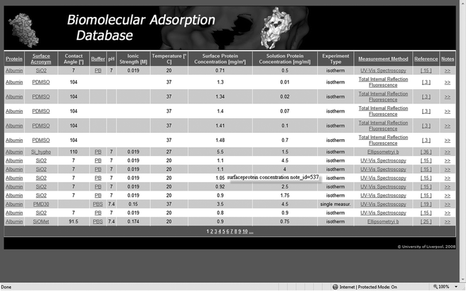 Screenshot of the portal to the Biomolecular Adsorption Database.
