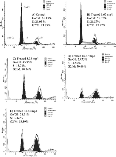 
            Cell cycle analysis by flow cytometry. The HepG2 cells lines were (A) treated with medium for control, (B) treated with 1.67 mg l−1 of kinetin riboside (C) treated with 8.33 mg l−1 of kinetin riboside, (D) treated with 16.67 mg l−1 of kinetin riboside and (E) treated with 33.33 mg l−1 of kinetin riboside for 48 h. The significant increase in the sub G0 phase in C, D and E is indicative of cell death.