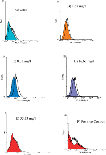 Flow cytometric analysis of active caspase 3 in HepG2 cells using the anti-active caspase 3 mAb (clone C92-605). Stained and unstained HepG2 cells were (A) left untreated (control), (B) treated with 1.67 mg l−1 of kinetin riboside, (C) treated with 8.33 mg l−1 of kinetin riboside, (D) treated with 16.67 mg l−1 of kinetin riboside, (E) treated with 33.33 mg l−1 of kinetin riboside and (F) stained and unstained HepG2 cells treated with 1 μM of staurosporine for 48 h (positive control). The untreated HepG2 cells were primarily negative for active caspase 3. The higher doses kinetin riboside (4.0 and 24.0 mg l−1) did not result in a significant activation of active caspase 3.