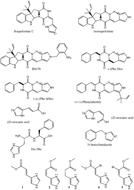 Chemical structure of the dehydrohistidine derivatives tested. Intramolecular hydrogen bonds are highlighted in bold.