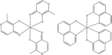 Structural formulas of tris(3-hydroxy-2-methyl-4H-pyran-4-onato)gallium(iii) (left) and tris(8-quinolinolato)gallium(iii), KP46 (right).