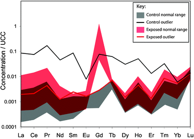 Rare earth element concentrations in cortical tissues for the control group (n = 18) and exposure group (n = 13) normalized to the upper continental crust (UCC) REE concentrations. The normal ranges for control and exposure groups are shown in grey and red, respectively (note that the dark red is overlap between control and exposure ranges). Outliers are shown separately. The occurrence of a control group outlier whose Gd concentration falls within the normal range for the exposure group reveals the necessity of calculating a Gd anomaly relative to abundance of neighboring REEs (eqn (1)). The outlier (patient ID #11) is anomalous for all REEs, and has a Gd anomaly similar to other control group patients.