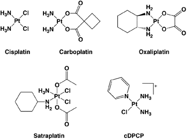 Chemical structures of platinum anticancer agents. Cisplatin, carboplatin, and oxaliplatin are FDA-approved for chemotherapy use in the United States. Satraplatin was the first Pt(iv) complex to reach Phase III clinical trials as an orally available platinum compound. cDPCP is a non-classical, monofunctional platinum complex with antitumor activity in colorectal cancer cells that inhibits transcription in vitro.