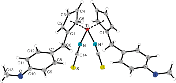 
            X-Ray diffraction structure of bis-[(4-methoxy-benzyl)cyclopentadienyl]titanium(iv) di-iso-thiocyanate2c (thermal ellipsoids are drawn on the 30% probability level); symmetry operations: I − x, y, ½ − z.