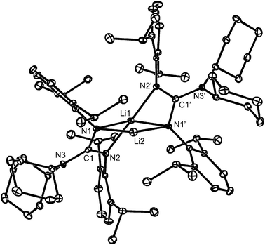 Molecular structure of 9 (25% thermal ellipsoids are shown; hydrogen atoms omitted for sake of clarity). Selected bond lengths (Å) and angles (°): N(1)–C(1) 1.394(3), N(2)–C(1) 1.323(3), N(3)–C(1) 1.409(3), N(1)–Li(2) 1.954(4), N(1)–Li(1) 2.240(5), N(2)–Li(1) 2.072(2); N(2)–C(1)–N(1) 114.3(3), N(2)–Li(1)–N(1) 63.78(12), N(2)′–Li(1)–N(1) 119.6(2), N(1)′–Li(2)–N(1) 121.7(4). Symmetry operation:′−x, y, −z + 1/2.