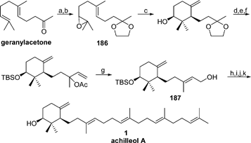 
            Reagents and conditions: (a) Ethylene glycol, TsOH, 93%; (b) NBS, K2CO3, 71%; (c) Cp2TiCl, 65%; (d) CeCl3, NaI, 95%; (e) TBSCl, imidazole, DMAP, 72%; (f) i. allylmagnesium bromide; ii. Ac2O, 68%; (g) i. PdCl2(MeCN)2; ii. K2CO3, MeOH, 88%; (h) PBr3, DMAP, 75%; (i) nBuLi, PhSO2-farnesyl, 74%; (j) NaHg, MeOH, 55%; (k) TBAF, 95%.