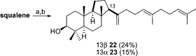 
            Reagents and conditions: (a) i. NBS, MeOH/H2O; ii. K2CO3, MeOH; (b) Cl2TiCp2, Mn, TMSCl, collidine, THF, 39%.