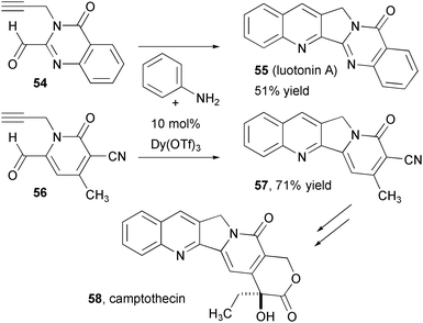 Synthesis of lutonin and formal synthesis of camptothecin using intramolecular variants of the Povarov reaction.