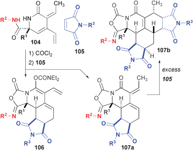 DOS pathways based on Diels-Alder reaction of Alder-ene products 104.