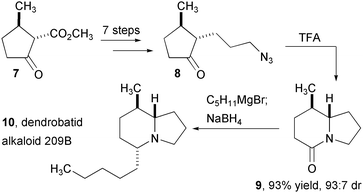 Synthesis of dendrobatid alkaloid 209B using the intramolecular Schmidt reaction.