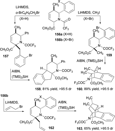 Radical cyclization reactions of allylsilane-derived pipecolate esters.