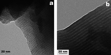 Typical TEM images of MCS obtained along (a) and perpendicular to (b) the pore channel direction.