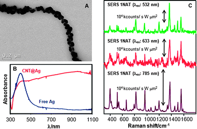 (A) Representative TEM image of CNT@Ag. (B) Normalized UV–Vis spectra of silver nanoparticles assembled on PAH-coated CNTs and of a colloid of Ag nanoparticles with similar size. (C) SERS spectra of 1NAT on CNT@Ag measured upon excitation with three different laser lines.