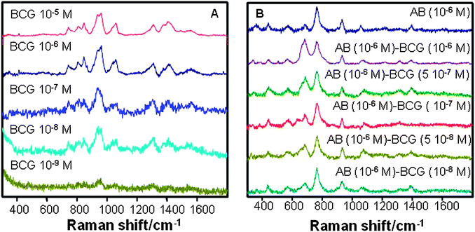 Direct (A) and label-free indirect specific (B) SERS detection of BCG as a function of sample concentration.