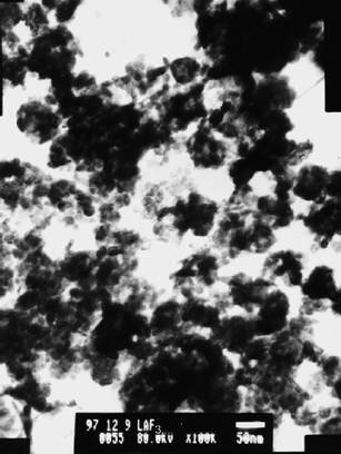 
          TEM image of LaF3 nanoclusters. Reproduced with permission from reference 2. Copyright Elsevier, 2001.