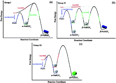 Schematic diagrams of the free energy for the synthesis of NaLaF4nanoparticles. Where Group I are Pr to Nd, II are SM to Tb and III are Dy to Lu, Y. Reproduced with permission from reference 55. Copyright American Chemical Society, 2005.