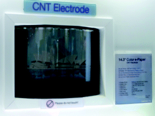 World's first carbon nanotube-based color active matrix electrophoretic display (EPD) e-paper device in a 14.3″ format display, demonstrated by Samsung (http://www.unidym.com/press/pr_081016.html).