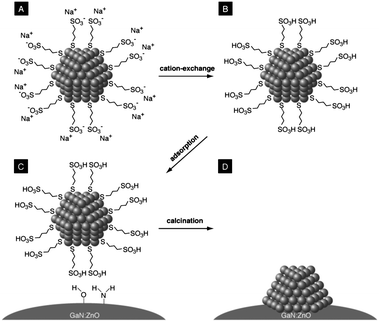 Procedural flow of proposed LPR-based method: (A) Rh nanoparticles are stabilized by organic ligand molecules before cation exchange. (B) Stabilized Rh nanoparticles after cation exchange. (C) Electrostatic adsorption on GaN:ZnOcatalyst. (D) Removal of organic ligand.