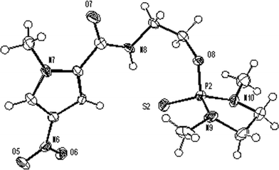 View of one of the three crystallographically independent molecules present in the asymmetric unit of 10. Ellipsoids are drawn at the 50% probability level.