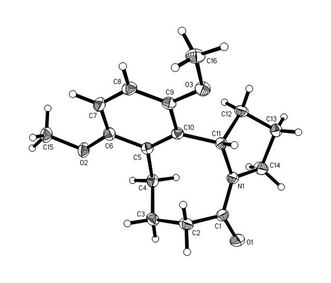 Structure of hexahydrobenzazocinone 5c as determined by X-ray crystallography. ORTEP diagram (50% probability ellipsoids) showing the crystallographic atom-numbering scheme.