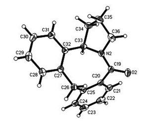 Structure of hexahydro-dibenzazocinone 12a as determined by X-ray crystallography. ORTEP diagram (50% probability ellipsoids) showing the crystallographic atom-numbering scheme. There are two independent molecules in the asymmetric unit and only one of these is shown in the figure. The asymmetric unit was selected so that both molecules have the same R-stereochemistry.