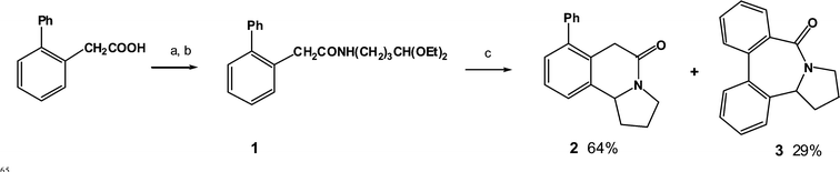 Synthesis of the tetrahydro-dibenzazocine 3. Reagents and conditions: a) (COCl)2, CH2Cl2, DMF, b) H2N(CH2)3CH(OEt)2, EtNMe2, c) CF3SO3H, CHCl3, heat.